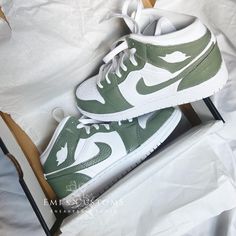 ♡ 100% authentic, hand-painted custom air force 1 lows with crackproof, waterproof coating ♡ New with original box ♡ Earthy green colorway         ☆ Color customization available ♡ Size may be converted to youth/mens if applicable (Message me if you need a size not listed) ♡ Made to order; allow 1-2 weeks for processing! ♡ All final sale, no returns or exchanges Green Shoes Men, Olive Sage Green, Mid Sneakers, Earthy Green, Shoes Sneakers Jordans, Nike Air Jordan 1 Mid, Custom Air Force 1, Custom Nike, Cute Nike Shoes