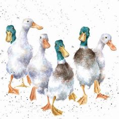 three ducks are walking together on the snow - covered ground in this watercolor painting