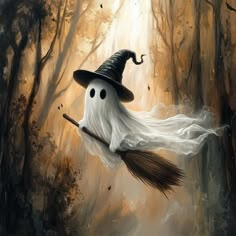 a painting of a witch flying through the air with her broom in one hand and wearing a black hat