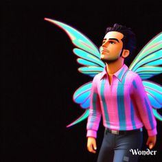 a man in a pink shirt with blue and green wings