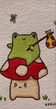 a drawing of a frog with a mushroom on it's back