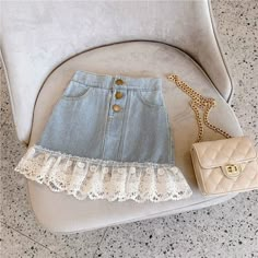 24M(90) Summer Girls Skirts Jeans Denim Skirt With Lace, Skirt With Lace Trim, Girls Denim Skirts, Patchwork Denim Skirt, Style Mini Skirt, Denim Skirt Fashion, Skirt Korean, Skirt With Lace, Skirt Casual