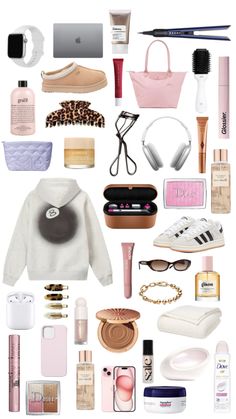 a collage of various items that include shoes, sunglasses and cosmetics