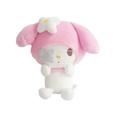 a stuffed animal with a face mask on it's head and ears is wearing a pink hat