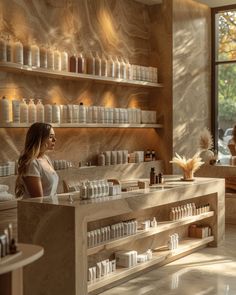 a woman standing in front of a counter with lots of bottles on the shelves behind her