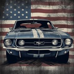 an old mustang with the american flag painted on it