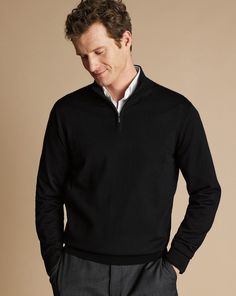 Merino Zip Neck Jumper - Black | Men's Charles Tyrwhitt Zip Neck Sweater - Black Size Large Merino Black Quarter Zip Outfit Men, Mens Half Zip Sweater Outfit, Quater Zipper Outfit Men, Black Sweater Outfit Men, Black Quarter Zip Outfit, Quarter Zip Outfit Men, Half Zip Sweater Outfit, Black Jumper Outfit, Style Improvement