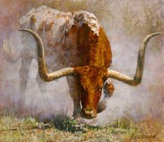 an oil painting of a long horn steer