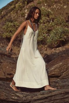 Emmers Linen Midi | Free People Summer V-neck Maxi Dress With Adjustable Straps, Summer Linen V-neck Dress For The Beach, Chic V-neck Linen Beach Dress, Chic V-neck Linen Dress For Beach, Bohemian Maxi Dress With Knotted Straps For Summer, V-neck Linen Dress For The Beach, Summer Daywear Unlined Maxi Dress, Bohemian Maxi Dress With Knotted Straps For Vacation, Unlined Spaghetti Straps Maxi Dress For Vacation