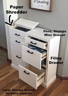 the drawers are labeled with instructions for how to put them in their drawer compartments