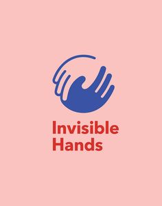 the invisible hands logo is shown on a pink background with blue and red lettering that reads invisible