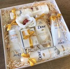 an open box containing dove body care products