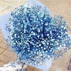 a bouquet of blue flowers sitting on top of a sidewalk