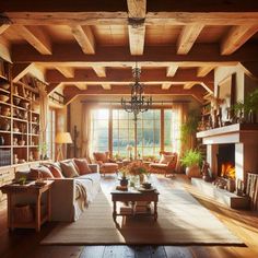 a living room filled with furniture and a fire place in the middle of a room