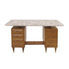 a marble top desk with two drawers on each side and one drawer at the bottom