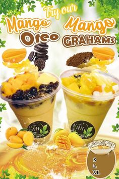 two cups filled with ice cream and fruit on top of each other in front of green leaves