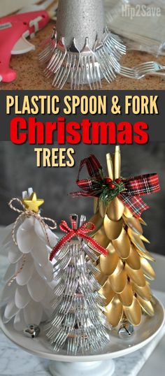 plastic spoons and fork christmas trees on a white plate with text overlay that says plastic spoon & fork christmas trees