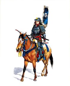 a painting of a man riding on the back of a horse with a flag in his hand