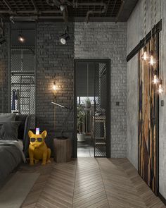 a bedroom with brick walls and wooden floors, along with a yellow dog statue on the floor