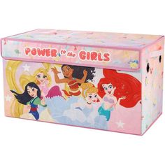 a pink toy box with princesses on it