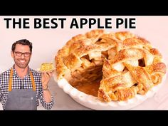 a man holding a piece of pie in front of his face with the words, the best apple pie