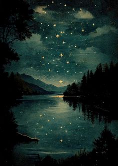 the night sky is filled with stars above water