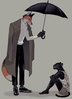 a drawing of a man holding an umbrella next to a black and white cat sitting on the ground