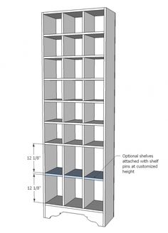 a tall bookcase is shown with measurements for the top shelf and bottom shelves on each side