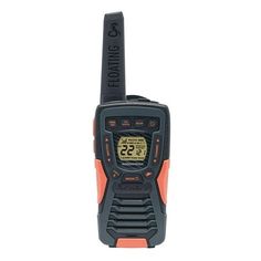 an orange and black walkie talkie with the radio on it's side