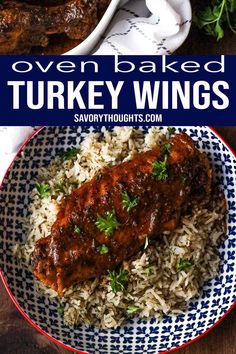 an image of turkey wings served over rice on a plate with parsley and garnish