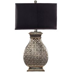 a lamp with a black shade on the top and bottom part, sitting in front of a white background