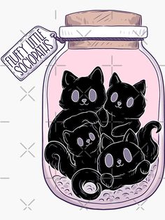 a jar filled with black cats sitting on top of a pink background