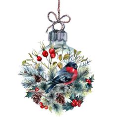 a christmas ornament hanging from a tree with berries and pine cones, watercolor