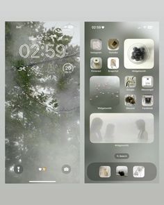 an iphone screen with the image of two people standing in front of trees and fog