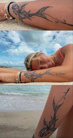 two pictures of a woman with tattoos on her arms and legs, one is laying down