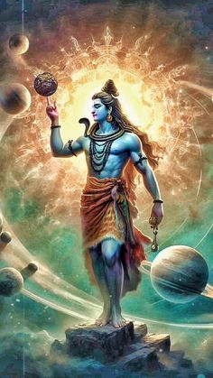 the god is standing in front of planets and holding a ball with one hand on his hip