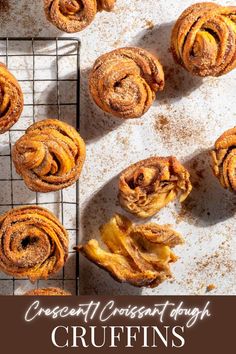 Cruffins scattered on a white background sprinkled with cinnamon sugar. Easy Cruffins, Cruffins Recipe, Cruffin Recipe, Cinnamon Sugar Recipes, Chicken On A Stick, Croissant Dough, Muffin Tin Recipes, Crescent Dough