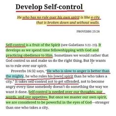 the text is written in green and red on top of a white sheet that says,'develop self - control he has no rules over his own spirit if