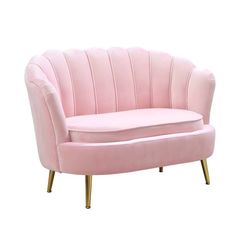 a pink chair with gold legs on a white background