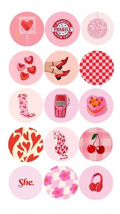 a bunch of pink and red stickers with different designs on them, all in circles