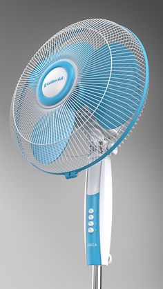 a close up of a blue and white fan on a gray background with the word airbrush written below it