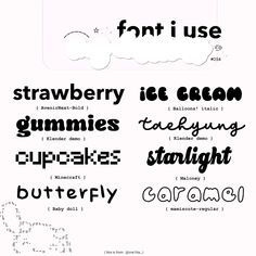 some type of font that is black and white with the words strawberry ice cream gummies