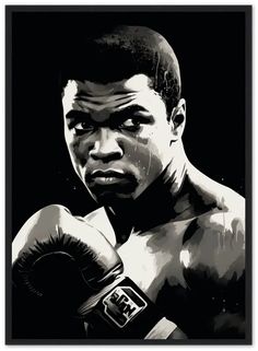 a black and white painting of a man with boxing gloves on his chest, looking at the