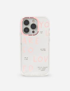 an iphone case with the words you are loved in pink and white lettering on it