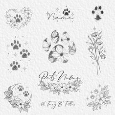 some flowers and paw prints on a white paper with the words, name and date