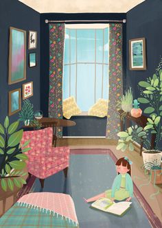 Interior Illustration, Landscape Art Painting, Photo Collage Template, Girl Reading, Cozy Interior, Country Art, Girls Cartoon Art, Illustration Character Design, Freelance Illustrator