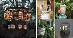 mason jar lights are hanging from the trees and in jars, with candles inside them