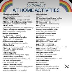 a poster with the words, 30 doable at home activities for kids and adults