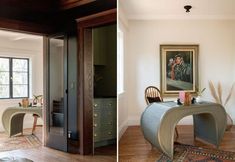 two pictures of a desk and chair in a room with wood floors, one has a painting on the wall