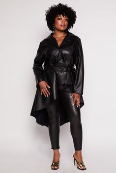 Long Sleeves, Collar, High Low Hem, Belt Included, Grommets, Solid, Faux Leather, Fleece, Item Number 3932076453852 Weatherproof Boots, Plus Size Belts, Plus Lingerie, Romper And Jacket, Rhinestone Shoes, Denim Shoes, Faux Leather Jacket, Leather Jacket Black, Denim Jumpsuit